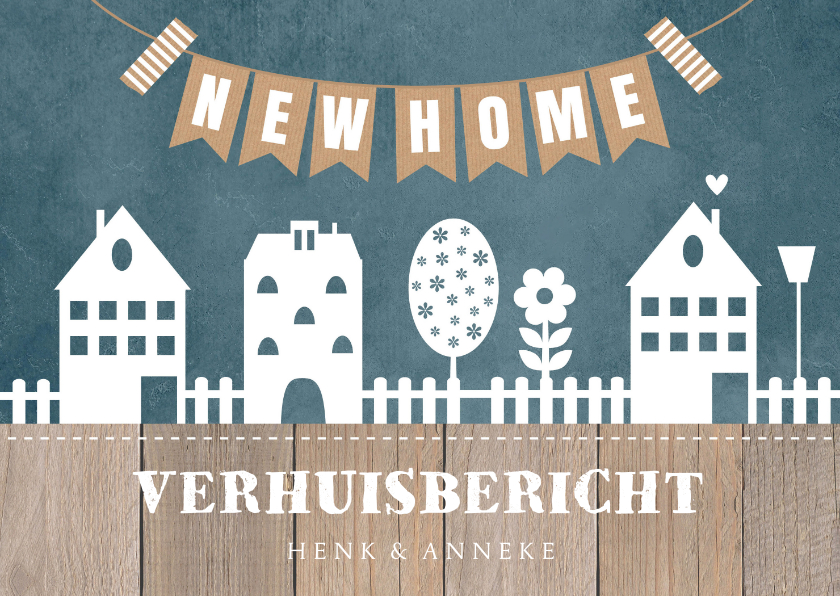 Verhuiskaarten - Verhuiskaart 'new home" huisjes blauw slinger