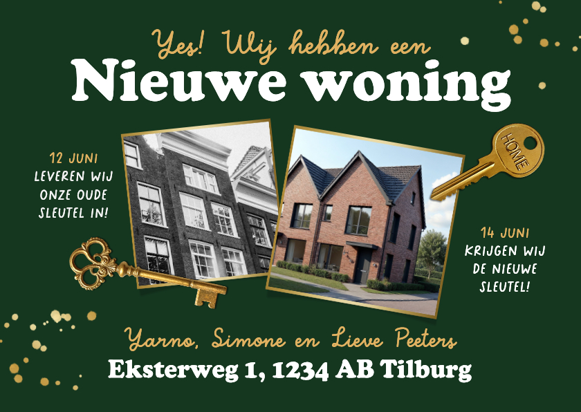 Verhuiskaart nieuwe woning oud nieuw sleutel foto's goud - Verhuiskaarten Verhuiskaarten - Verhuiskaart nieuwe woning oud nieuw sleutel foto's goud