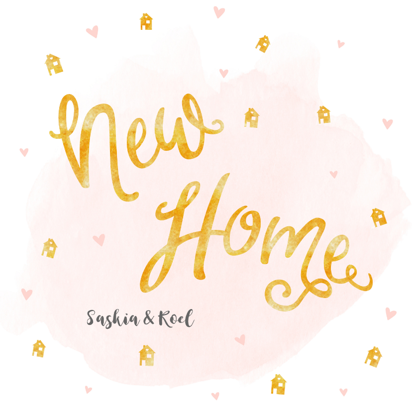 Verhuiskaart roze waterverf en gouden huisjes confetti - Verhuiskaarten Verhuiskaarten - Verhuiskaart roze waterverf en gouden huisjes confetti