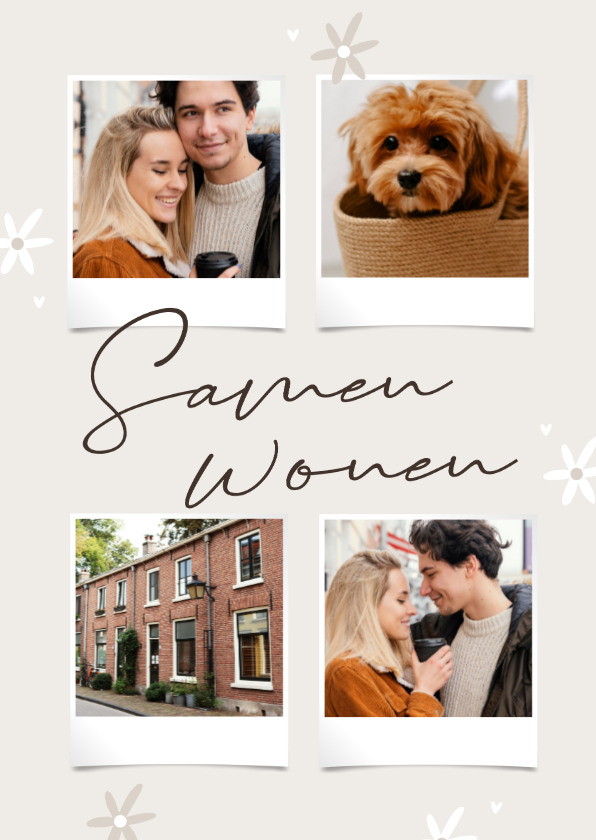 Verhuiskaarten - Verhuiskaart samenwonen fotocollage beige bloemetjes