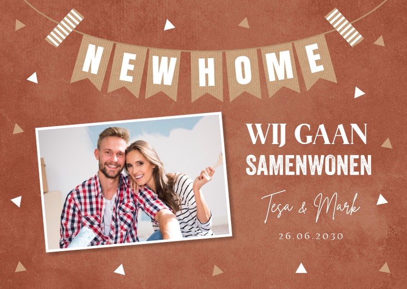 Verhuiskaarten - Verhuiskaart samenwonen roestbruin foto slinger
