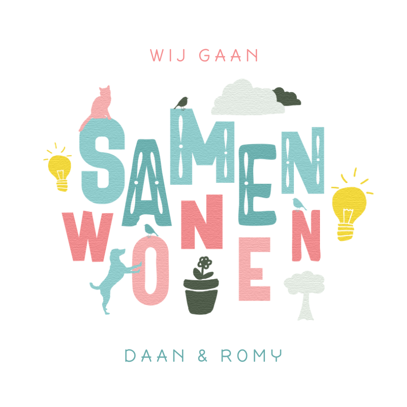 Verhuiskaart samenwonen typografisch en iconen - Verhuiskaarten Verhuiskaarten - Verhuiskaart samenwonen typografisch en iconen