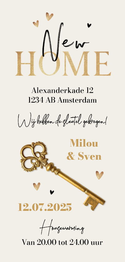 Verhuiskaarten - Verhuiskaart sleutel goud hartjes hip new home