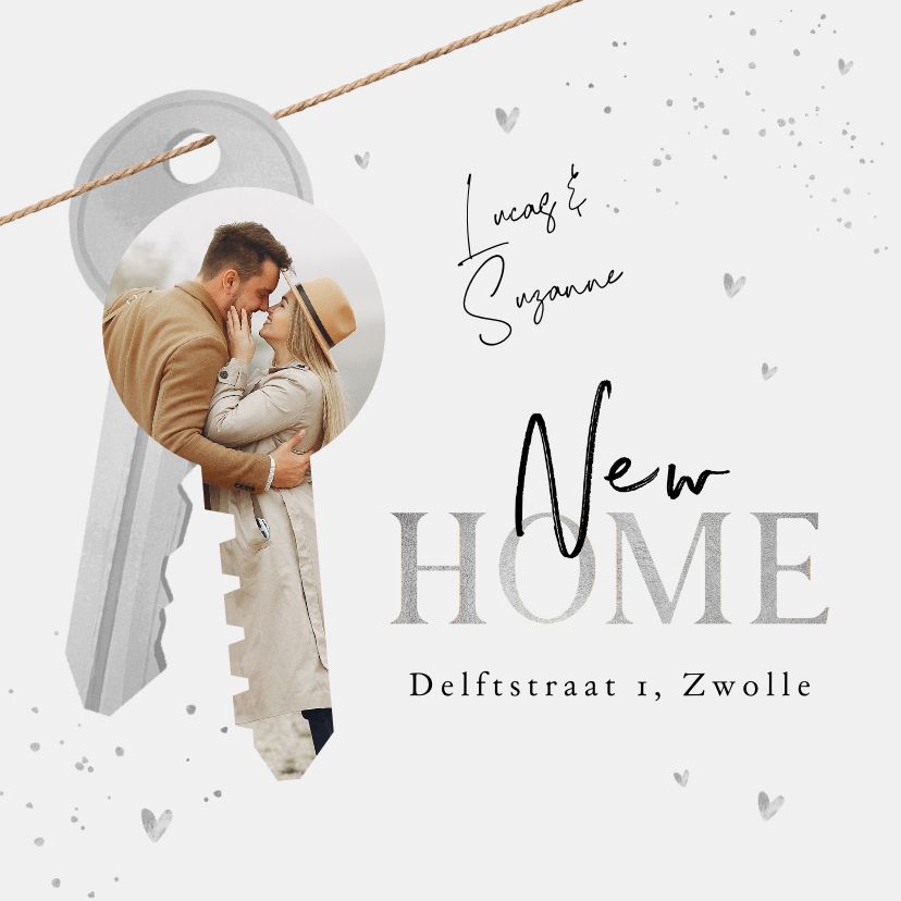 Verhuiskaart sleutel hartjes foto stijlvol zilver - Verhuiskaarten Verhuiskaarten - Verhuiskaart sleutel hartjes foto stijlvol zilver