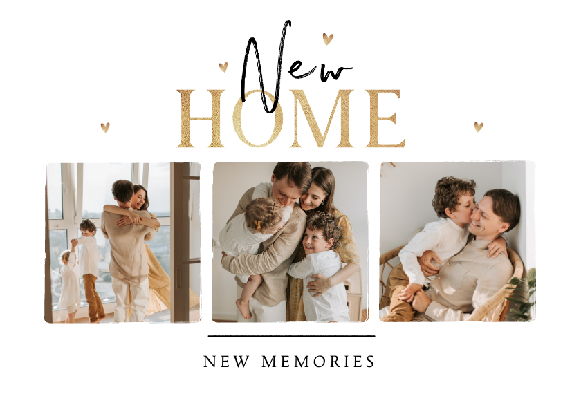 Verhuiskaart stijlvol fotocollage hartjes memories new home - Verhuiskaarten Verhuiskaarten - Verhuiskaart stijlvol fotocollage hartjes memories new home
