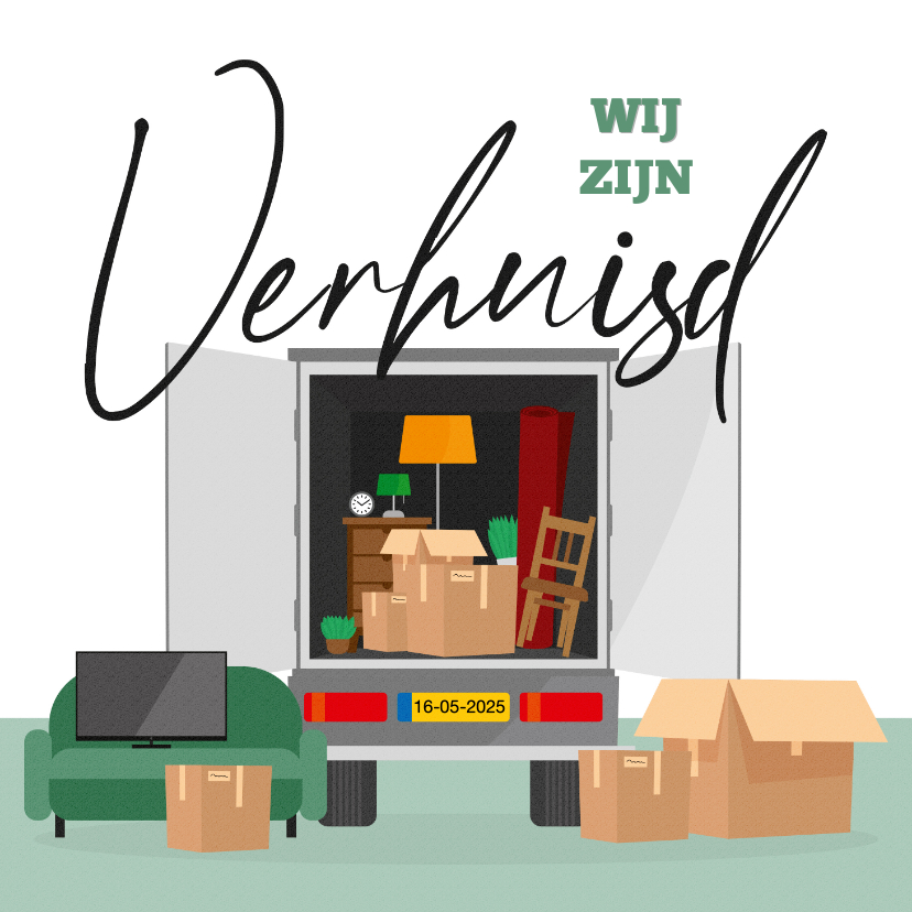 Verhuiskaarten - Verhuiskaart verhuiswagen verhuisd dozen spullen illustratie