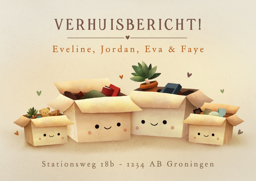 Verhuiskaart voor gezin met 4 verhuisdozen met gezichtjes - Verhuiskaarten Verhuiskaarten - Verhuiskaart voor gezin met 4 verhuisdozen met gezichtjes