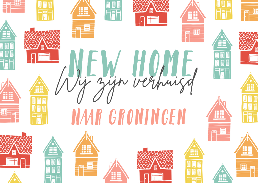 Verhuiskaart vrolijk kleurrijk huisjes new home - Verhuiskaarten Verhuiskaarten - Verhuiskaart vrolijk kleurrijk huisjes new home