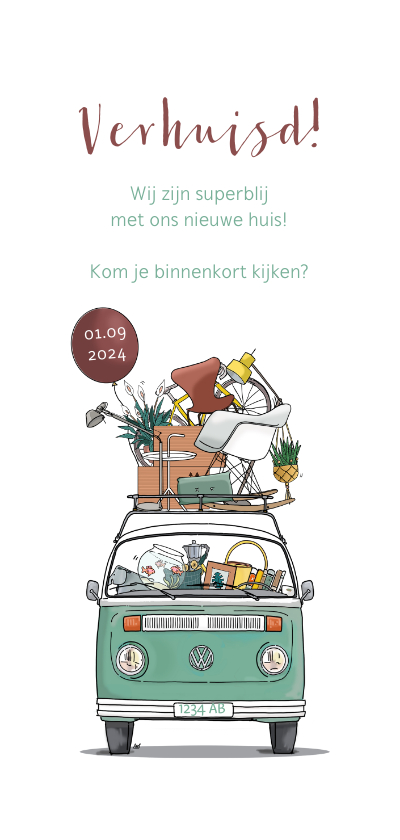 Verhuiskaart VW busje voorkant lang - Verhuiskaarten Verhuiskaarten - Verhuiskaart VW busje voorkant lang