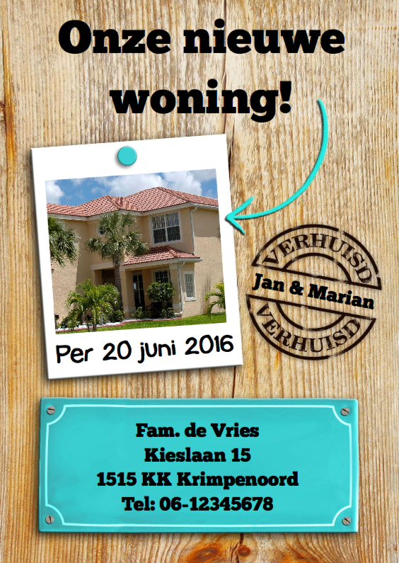 Verhuiskaart zwarte teksten en foto op houtprint - Verhuiskaarten Verhuiskaarten - Verhuiskaart zwarte teksten en foto op houtprint