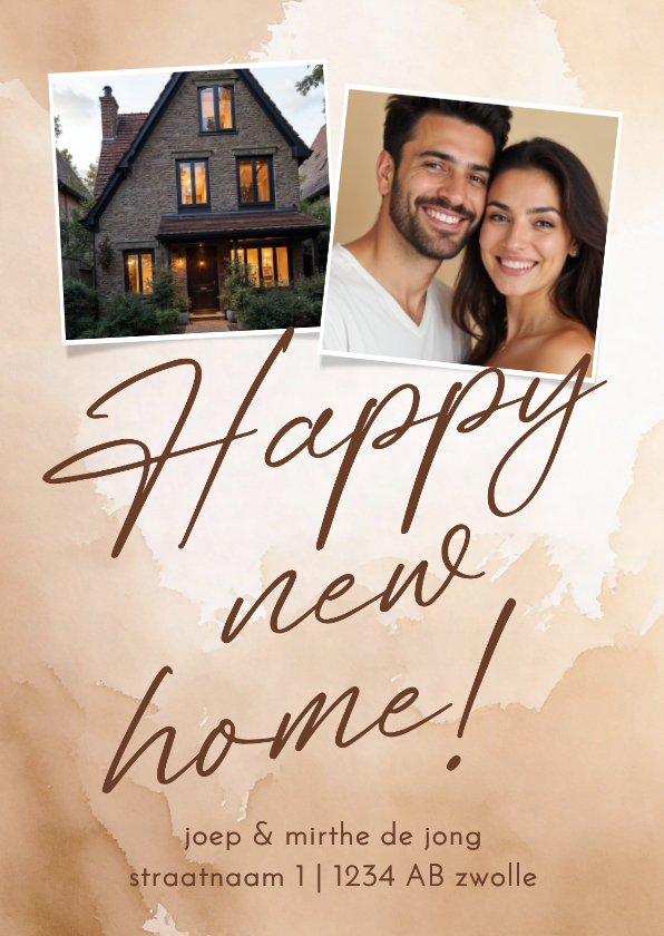 Verhuiskaartje beige waterverf twee foto's happy new home - Verhuiskaarten Verhuiskaarten - Verhuiskaartje beige waterverf twee foto's happy new home