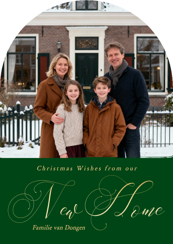 Verhuiskaartje kerst met foto new home boog groen - Verhuiskaarten Verhuiskaarten - Verhuiskaartje kerst met foto new home boog groen