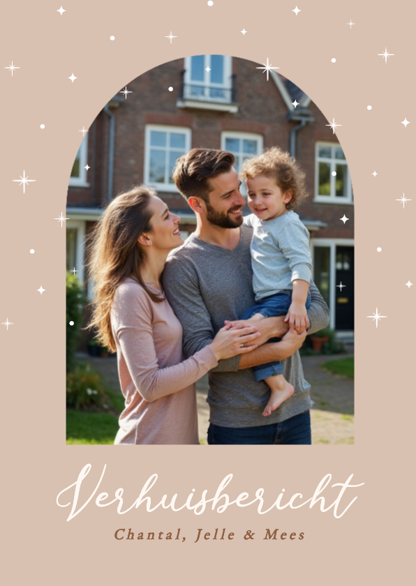 Verhuiskaartje met foto in boog beige met witte sterren - Verhuiskaarten Verhuiskaarten - Verhuiskaartje met foto in boog beige met witte sterren