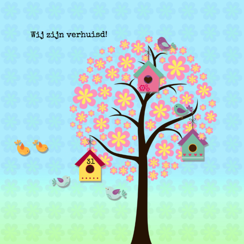 Verhuizen met boom en vogeltjes - Verhuiskaarten Verhuiskaarten - Verhuizen met boom en vogeltjes