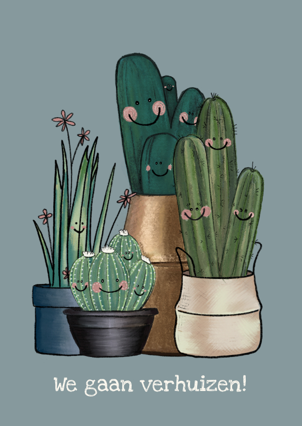 Verhuiskaarten - Vrolijke blauw-grijze verhuiskaart vol met cactussen