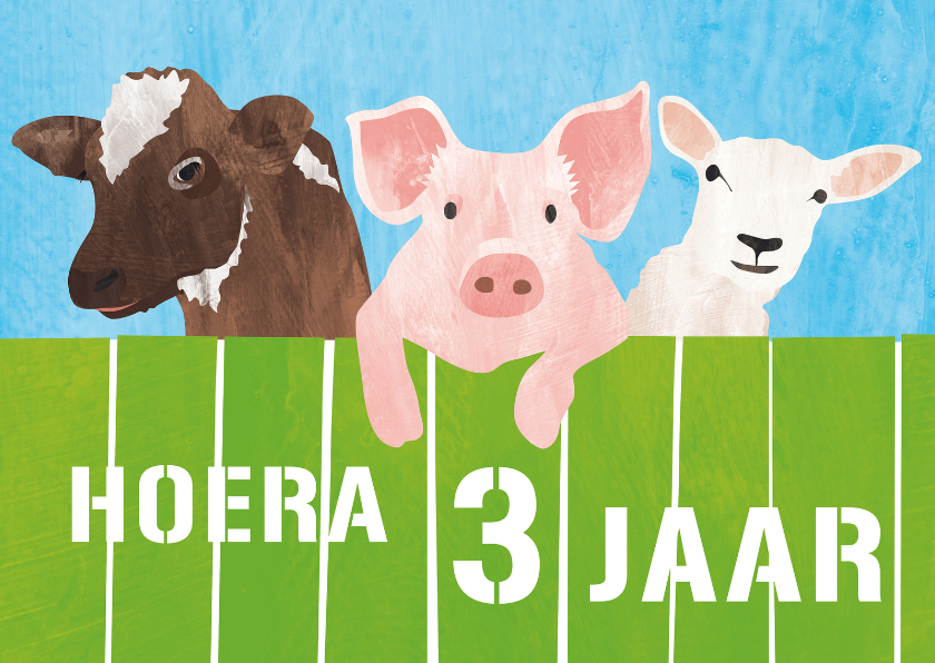 Verjaardagskaarten - 3 jaar koe varken en schaap