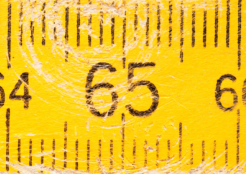 Verjaardagskaarten - 65 jaar op gele duimstok