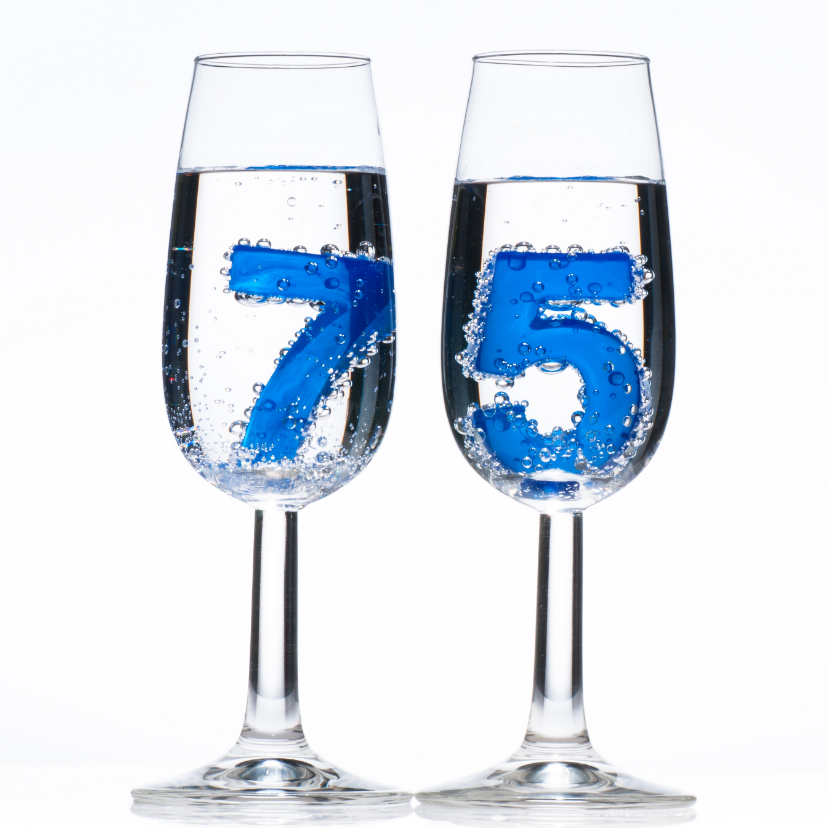 Verjaardagskaarten - 75 in champagne glazen met bubbels