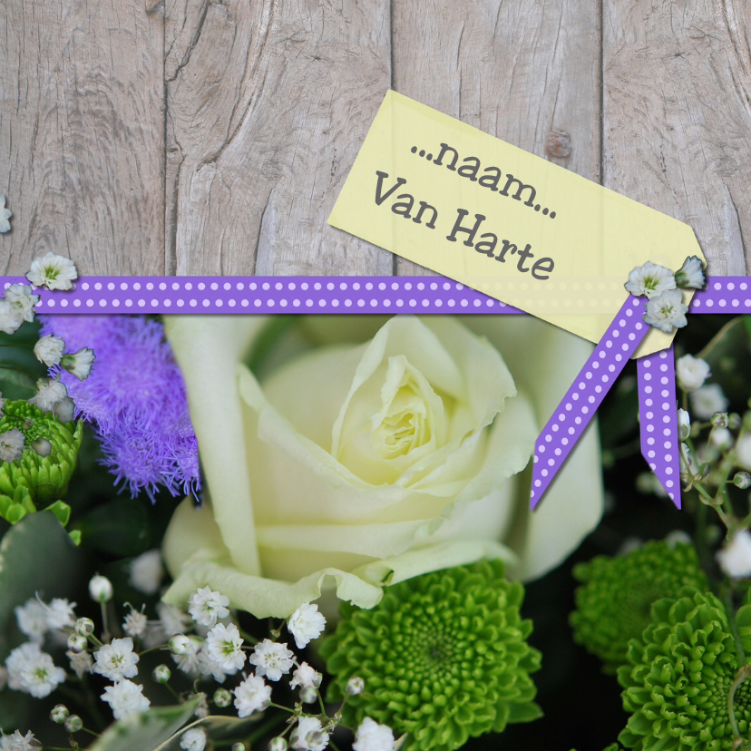 Bloemenkaart lint hout wit paars - Verjaardagskaarten Verjaardagskaarten - Bloemenkaart lint hout wit paars