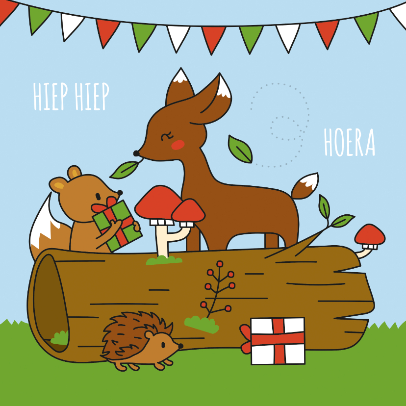 Bosdieren hiep hiep hoera - Verjaardagskaarten Verjaardagskaarten - Bosdieren hiep hiep hoera