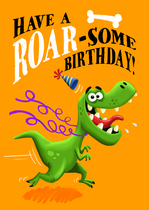 Dino verjaardagskaart met rennende T-rex! - Verjaardagskaarten Verjaardagskaarten - Dino verjaardagskaart met rennende T-rex!