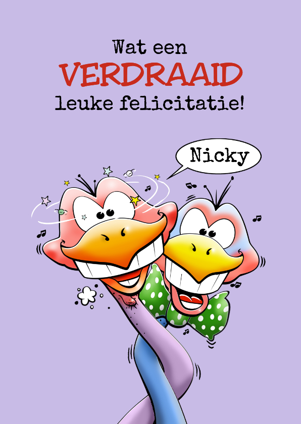 Een verdraaid grappige kaart met felicitatie van 2 vogels - Verjaardagskaarten Verjaardagskaarten - Een verdraaid grappige kaart met felicitatie van 2 vogels