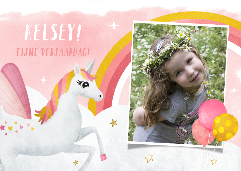 Verjaardagskaarten - Eenhoorn unicorn verjaardagskaart voor een meisje met foto
