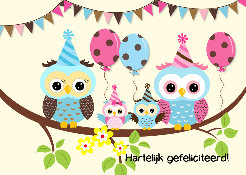 Feest met uilenfamilie - Verjaardagskaarten Verjaardagskaarten - Feest met uilenfamilie