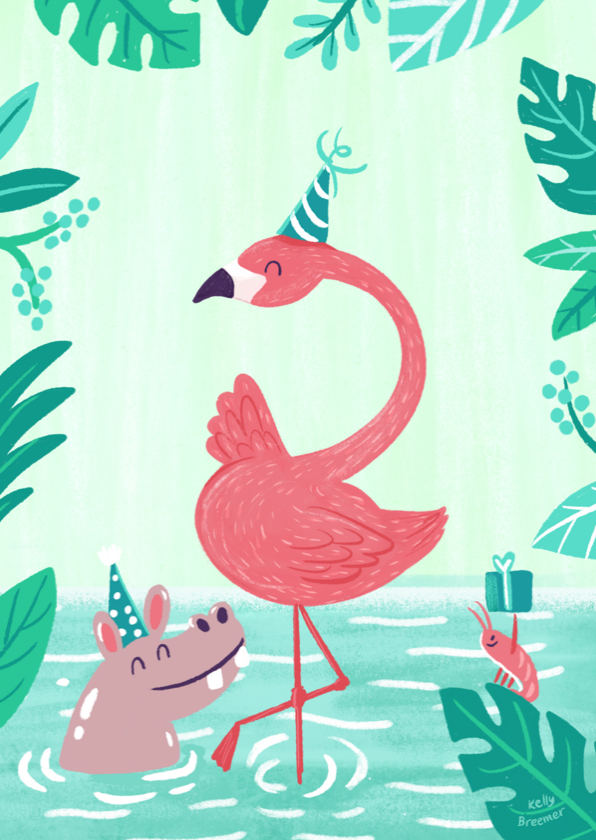 Verjaardagskaarten - Feestelijke Flamingo en vrienden