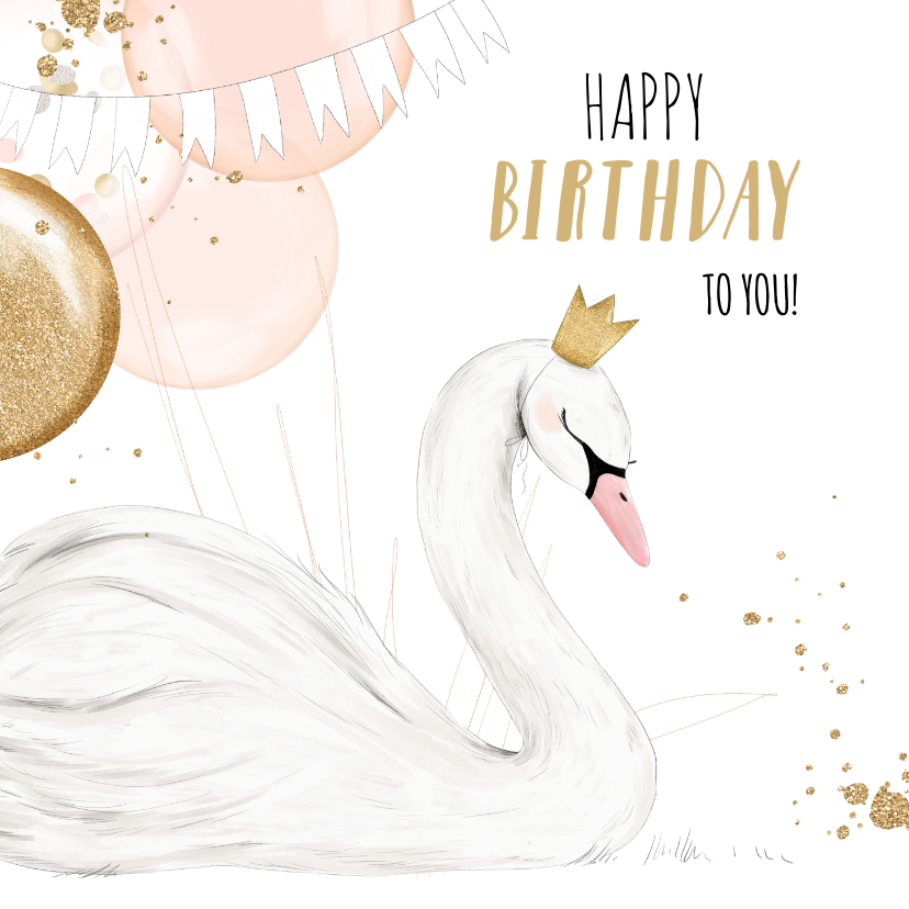 Verjaardagskaarten - Feestelijke kaart met geïllustreerde zwaan en ballonnen