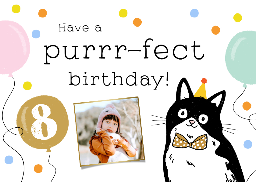 Verjaardagskaarten - Feestelijke kaart met kat, ballonnen en confetti