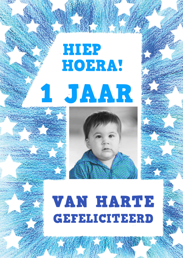 Felicitatie 1 jaar blauw sterren - Verjaardagskaarten Verjaardagskaarten - Felicitatie 1 jaar blauw sterren