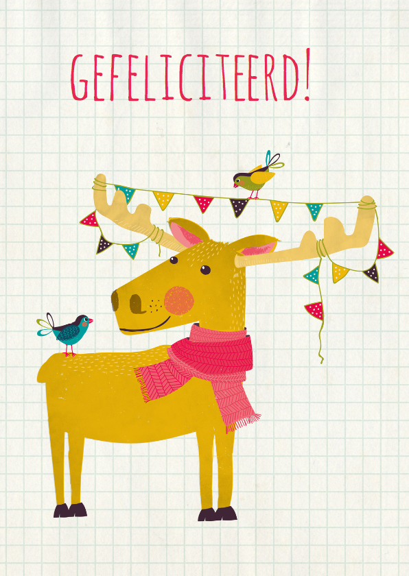 Felicitatie eland met vogeltjes - Verjaardagskaarten Verjaardagskaarten - Felicitatie eland met vogeltjes