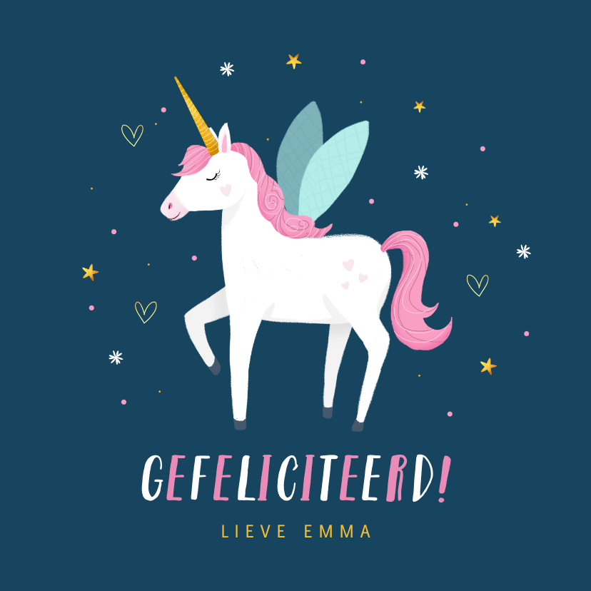 Verjaardagskaarten - Felicitatie kaart meisje unicorn hartjes en sterretjes