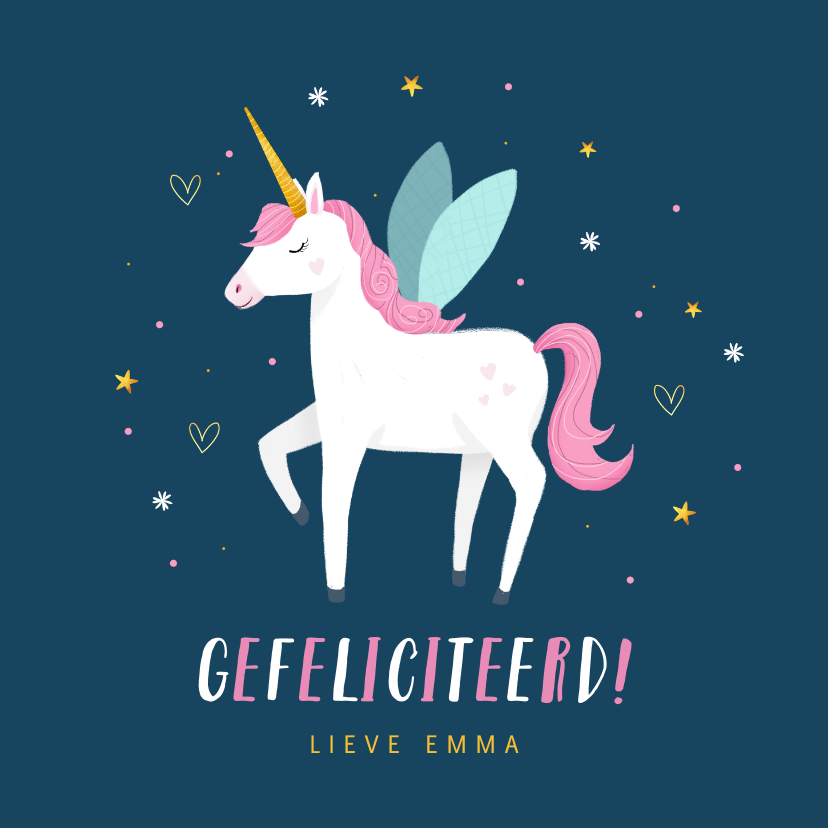 Felicitatie kaart meisje unicorn hartjes en sterretjes - Verjaardagskaarten Verjaardagskaarten - Felicitatie kaart meisje unicorn hartjes en sterretjes