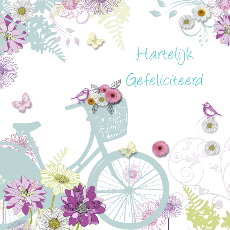 Felicitatie met fiets en bloemen - Verjaardagskaarten Verjaardagskaarten - Felicitatie met fiets en bloemen