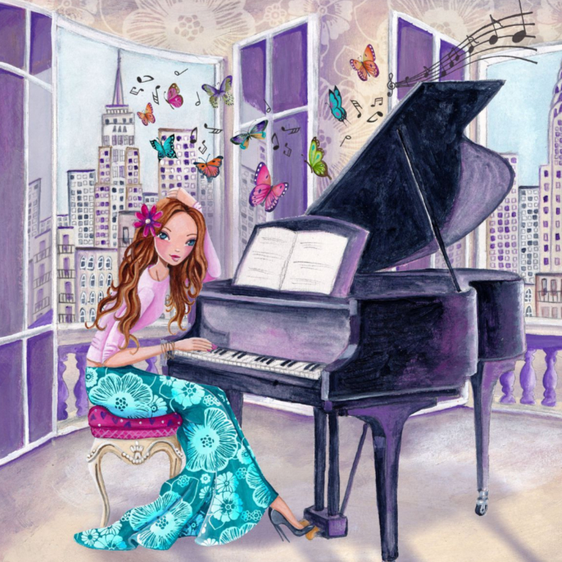 Verjaardagskaarten - Felicitatie Piano Muziek Meisje