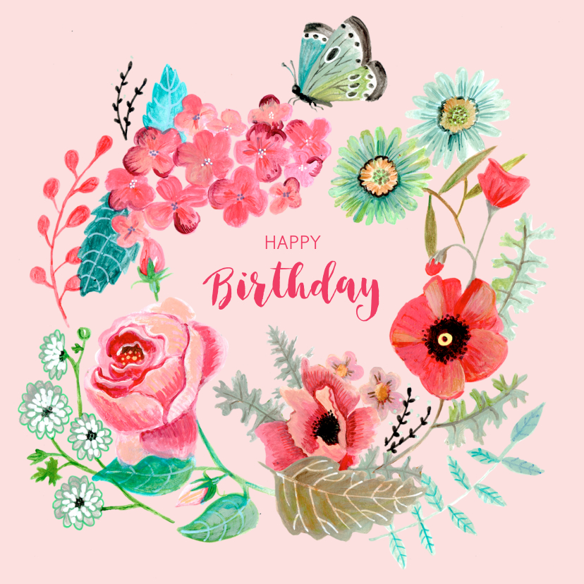 Verjaardagskaarten - Felicitatie Verjaardag Bloemen krans