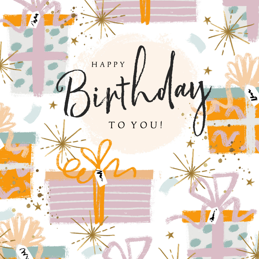 Felicitatie verjaardag cadeaus confetti en sterren goudlook - Verjaardagskaarten Verjaardagskaarten - Felicitatie verjaardag cadeaus confetti en sterren goudlook