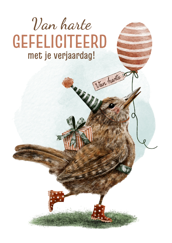 Verjaardagskaarten - Felicitatie verjaardag met feestelijk vogeltje en ballon
