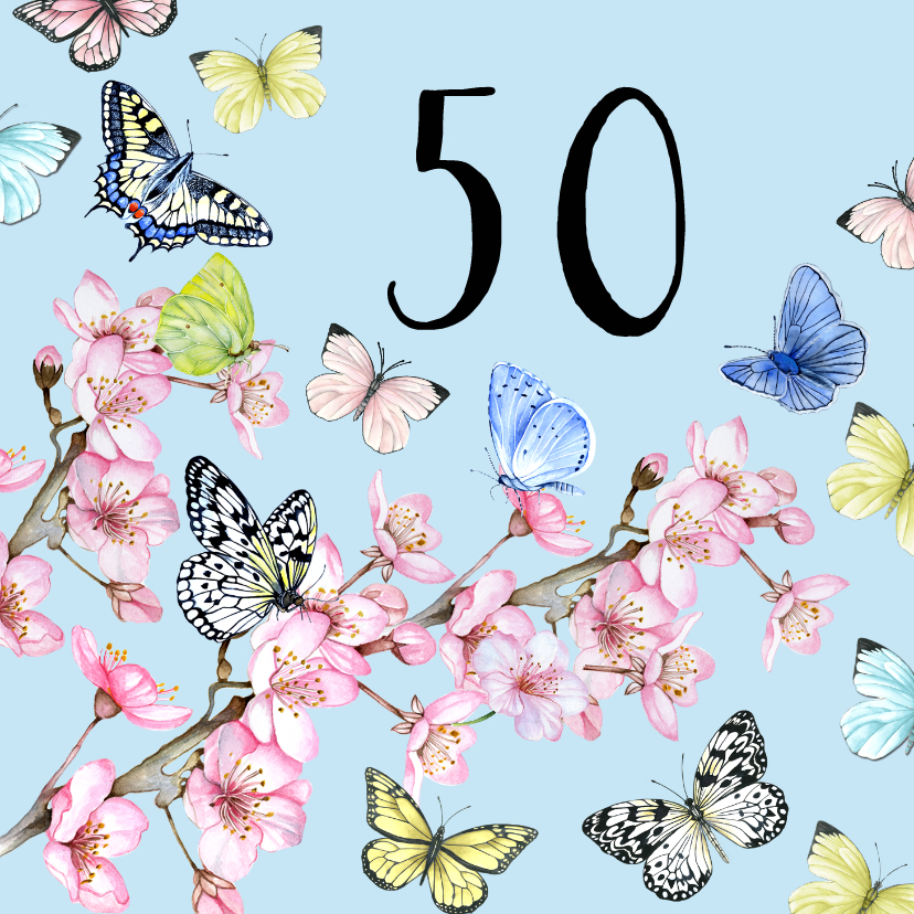 Verjaardagskaarten - Felicitatie vlinders bloesem