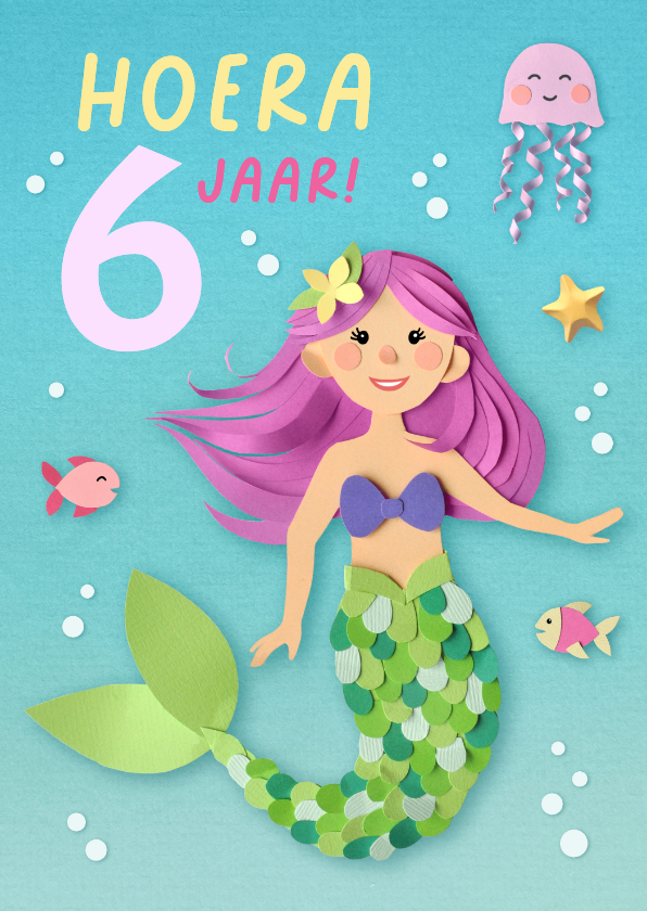 Verjaardagskaarten - Felicitatiekaart 6 jaar zeemeermin
