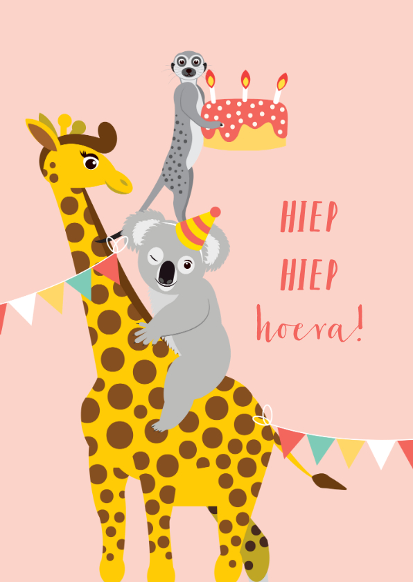 Verjaardagskaarten - Felicitatiekaart giraf met taart en andere blije dieren