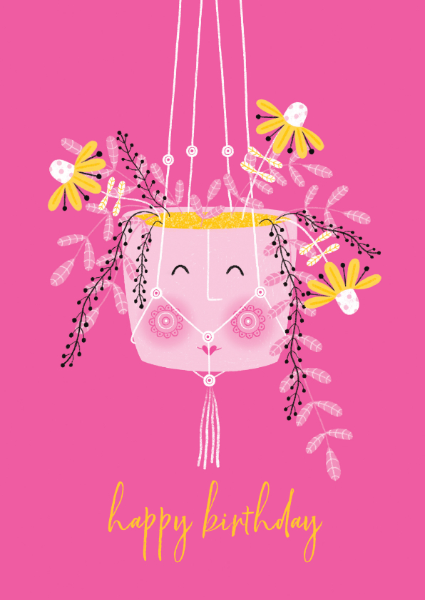 Verjaardagskaarten - Felicitatiekaart happy hangplant bloemen roze