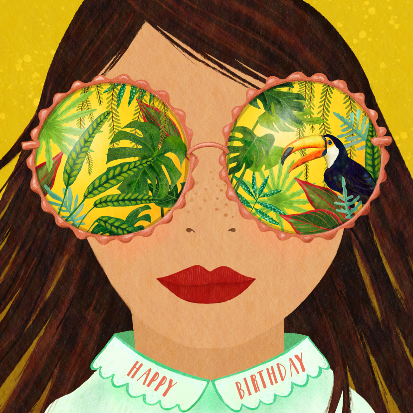 Verjaardagskaarten - Felicitatiekaart meisje met tropische zonnebril