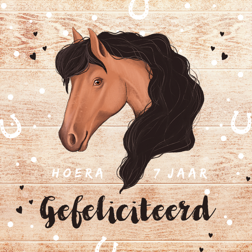 Verjaardagskaarten - Felicitatiekaart meisje paard met hout, confetti en hartjes