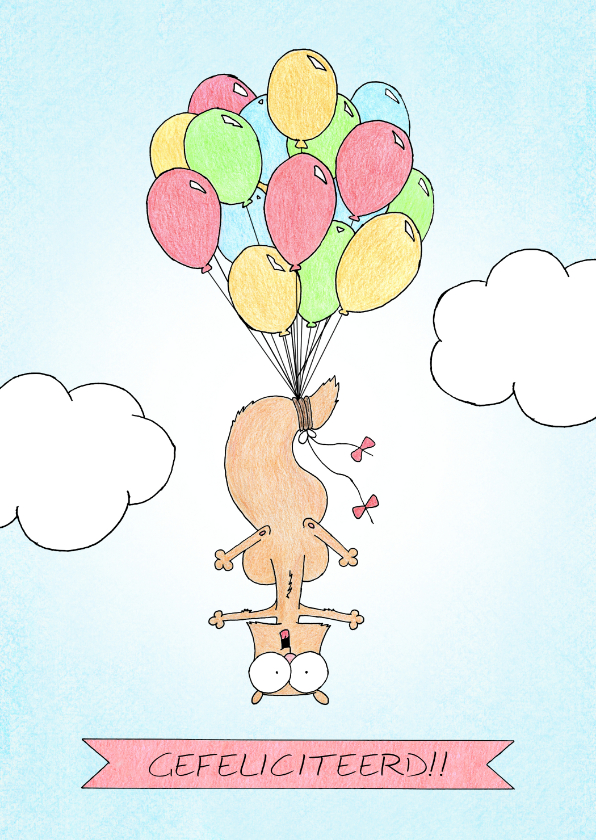 Verjaardagskaarten - Felicitatiekaart met eekhoorn vastgeknoopt aan balonnen