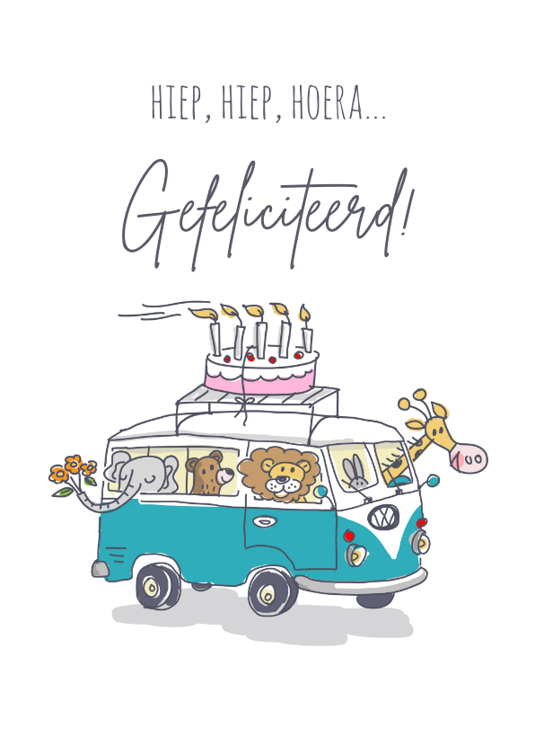 Verjaardagskaarten - Felicitatiekaart met vw busje dieren en taart