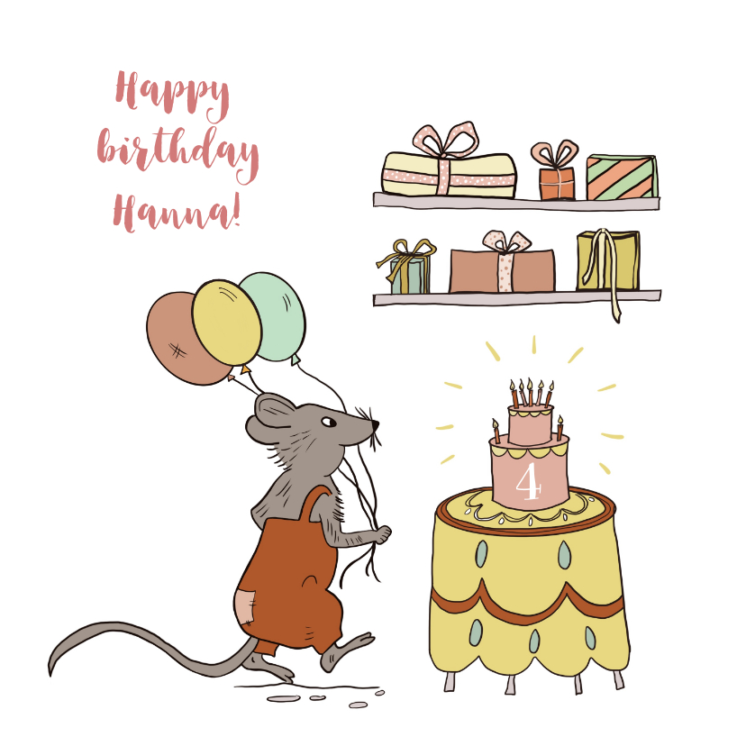 Verjaardagskaarten - Felicitatiekaart muis met taart, ballonnen en kadootjes