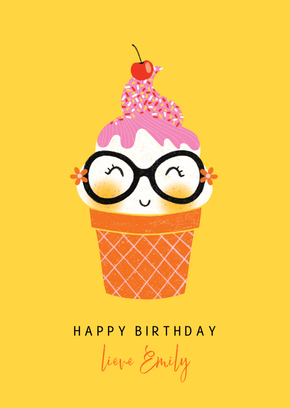 Verjaardagskaarten - Felicitatiekaart verjaardag happy ijsje geel